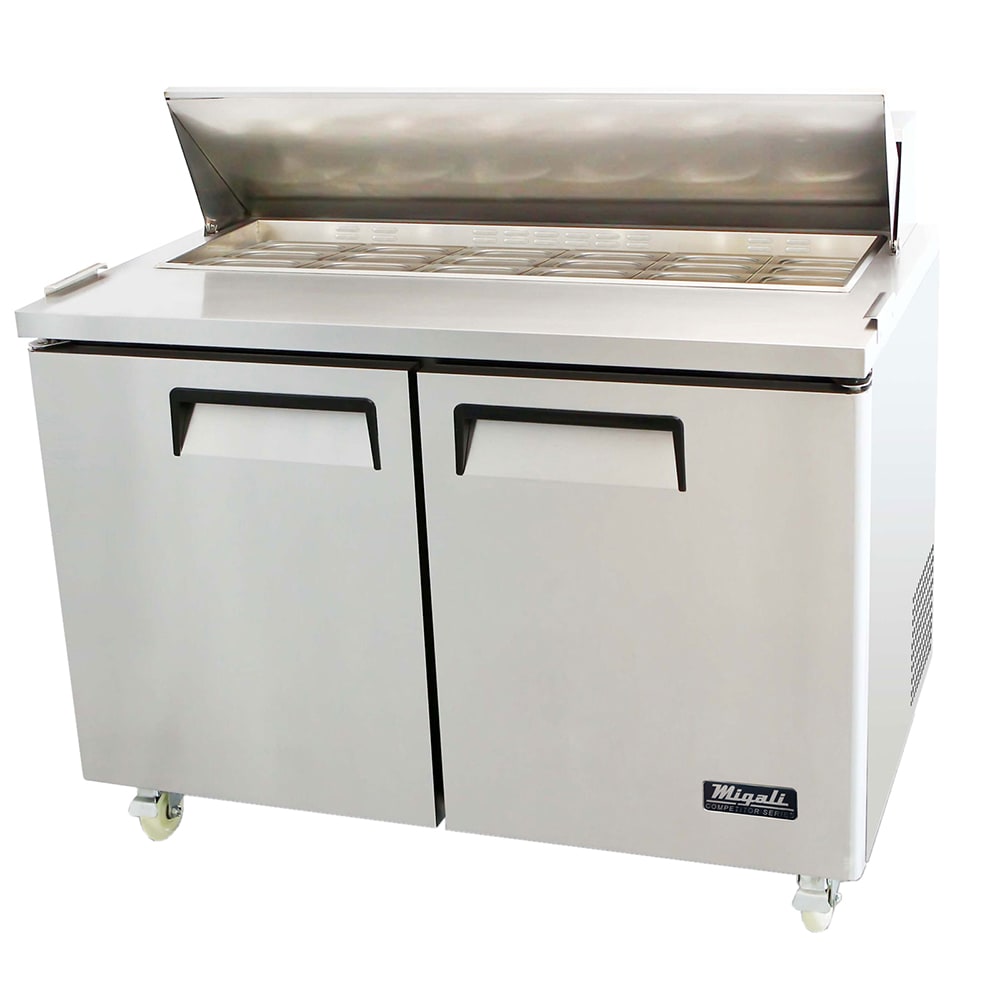 Migali Competitor Series Refrigerated Counter/Big Top Sandwich Prep Table, 48.2” W, accommodates (18) 1/6 size pans, (2) solid hinged doors