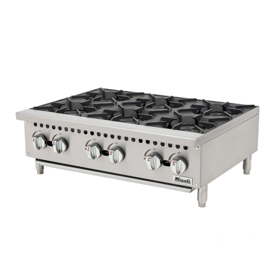 Migali Competitor Series Hot Plate, countertop, 36" W, (6) burners, manual controls, configured for Natural Gas, LP Conversion Kit included