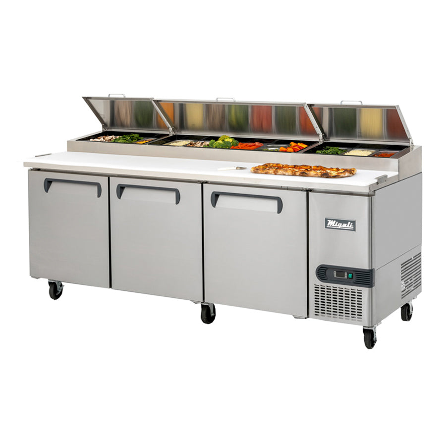 Migali Competitor Series Refrigerated Counter/Pizza Prep Table, 93" W, 26.0 cu. ft. capacity, (3) solid hinged doors