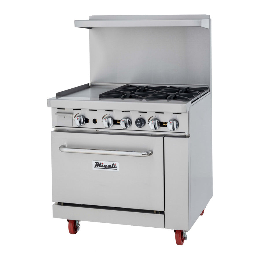 Migali Competitor Series Range, oven & griddle combo, freestanding, 36" W, 4 cast iron radiants, 12” griddle on left, configured for Liquid Propane Gas