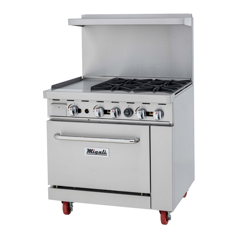 Migali Competitor Series Range, oven & griddle combo, freestanding, 36" W, 4 cast iron radiants, 12” griddle on left, configured for Natural Gas