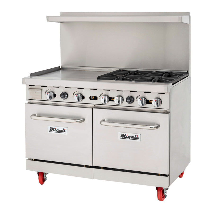Migali Competitor Series Range, oven & griddle combo, freestanding, 48" W, 4 cast iron radiants, 24” griddle on left, configured for Natural Gas