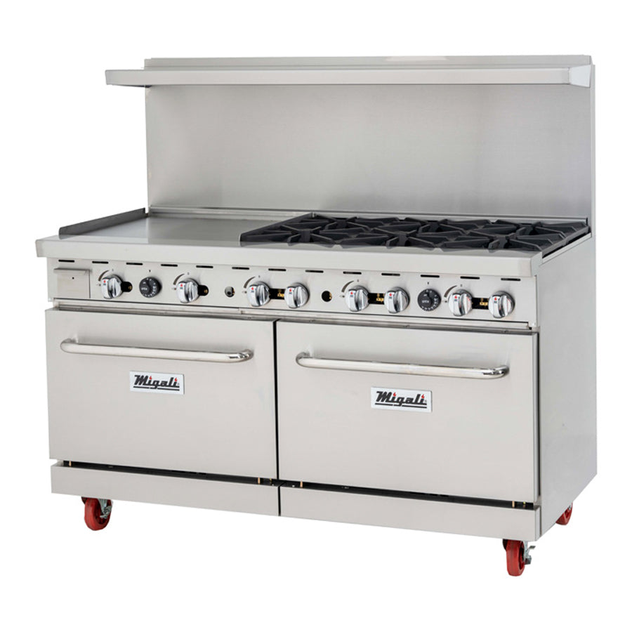 Migali Competitor Series Range, oven & griddle combo, freestanding, 60.2” W, 6 cast iron radiants, 24” griddle on left, configured for Natural Gas
