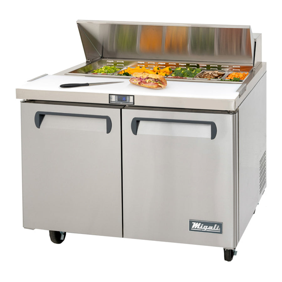 Migali Competitor Series Refrigerated Counter/Sandwich Prep Table, 48.2” W, accommodates (12) 1/6 size pans, (2) solid hinged doors