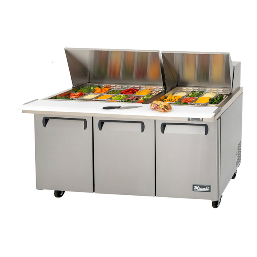 Migali Competitor Series Refrigerated Counter/Big Top Sandwich Prep Table, 72.7” W, accommodates (30) 1/6 size pans, (3) solid hinged doors