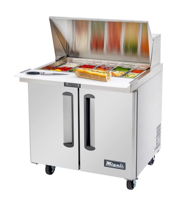Migali Competitor Series Refrigerated Counter/Sandwich Prep Table, 36.3” W, accommodates (15) 1/6 size pans, (2) solid hinged doors
