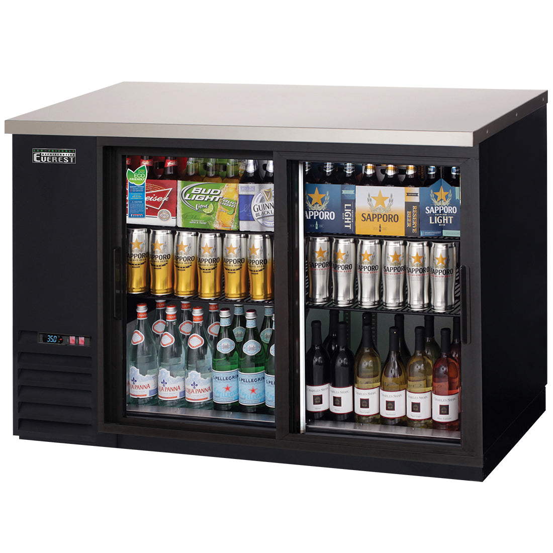 Everest 2 Deep Glass Sliding Door Back Bar Cooler, 48" - Black Exterior Model EBB48G-SD