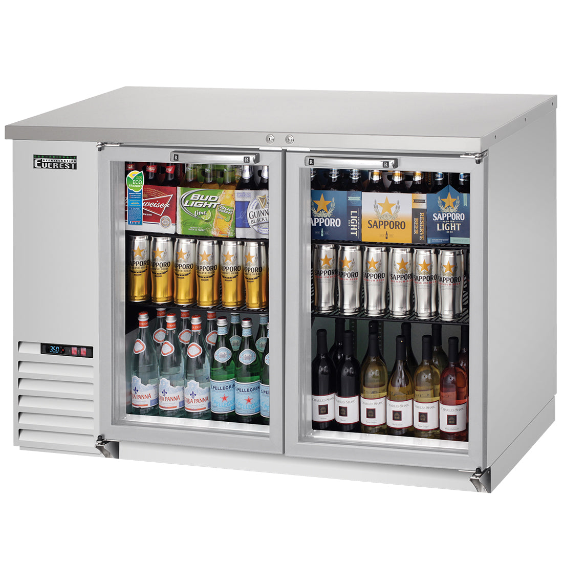 Everest 2 Glass Door Back Bar Cooler, 48" - Stainless Steel Exterior Model EBB48G-SS