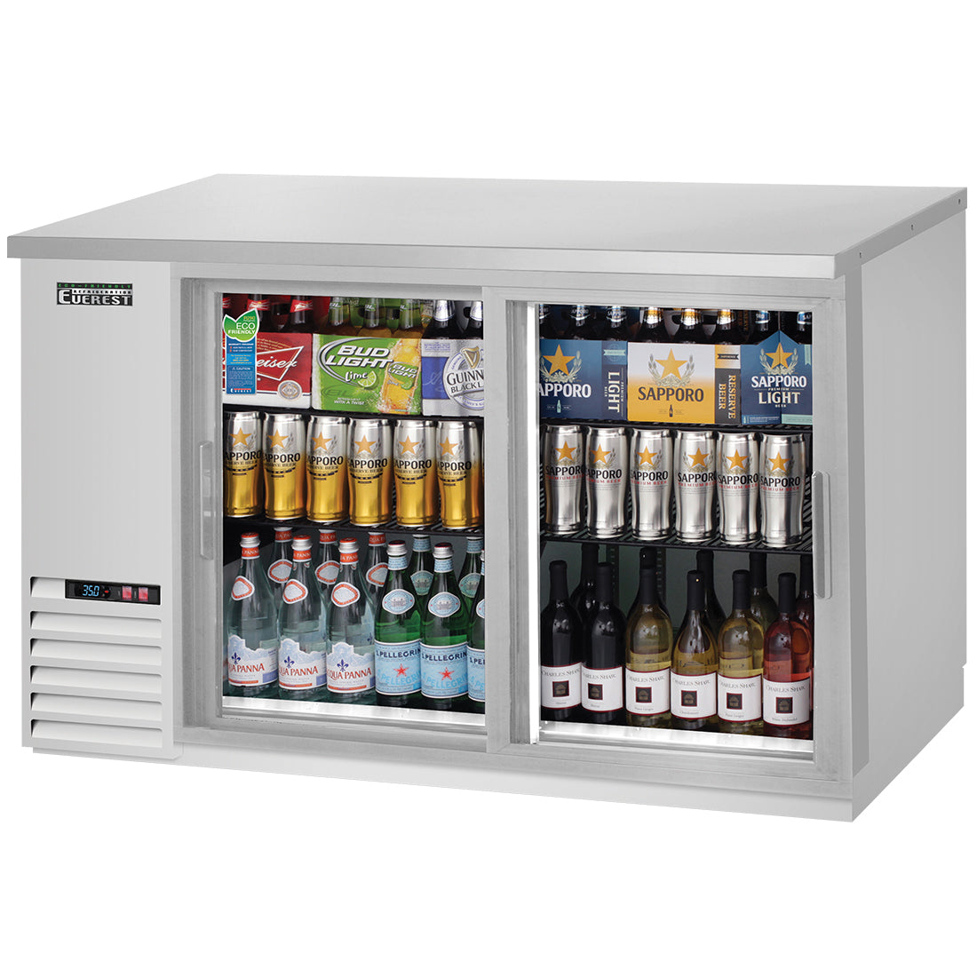 Everest 2 Deep Glass Sliding Door Back Bar Cooler, 59" - Stainless Steel Exterior Model EBB59G-SD-SS