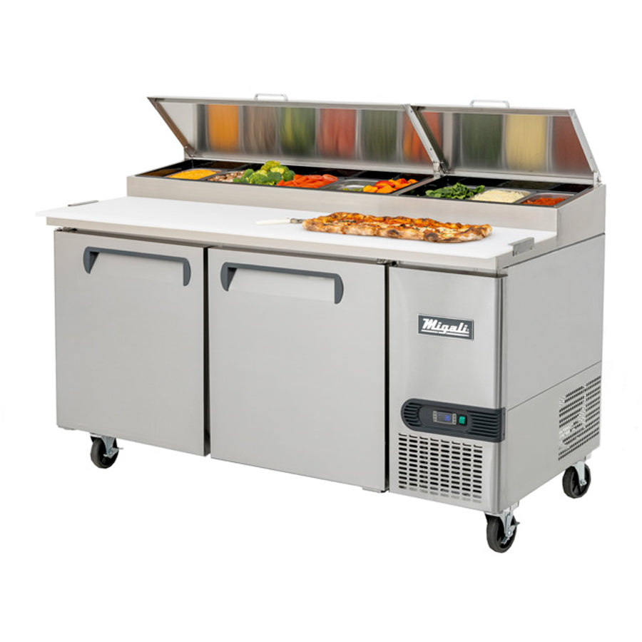 Migali Competitor Series Refrigerated Counter/Pizza Prep Table, 67" W, 20.0 cu. ft. capacity, (2) solid hinged doors