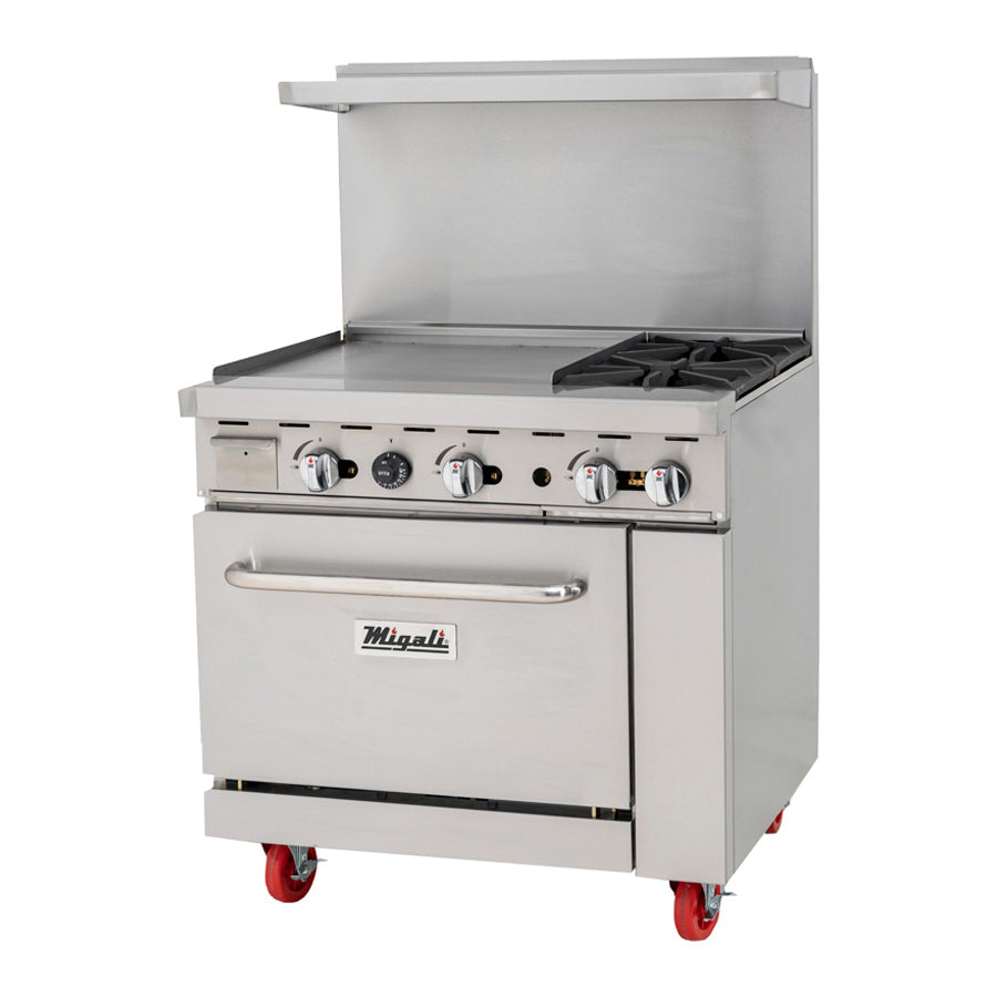 Migali Competitor Series Range, oven & griddle combo, freestanding, 36" W, 2 cast iron radiants, 24” griddle on left, configured for Liquid Propane Gas
