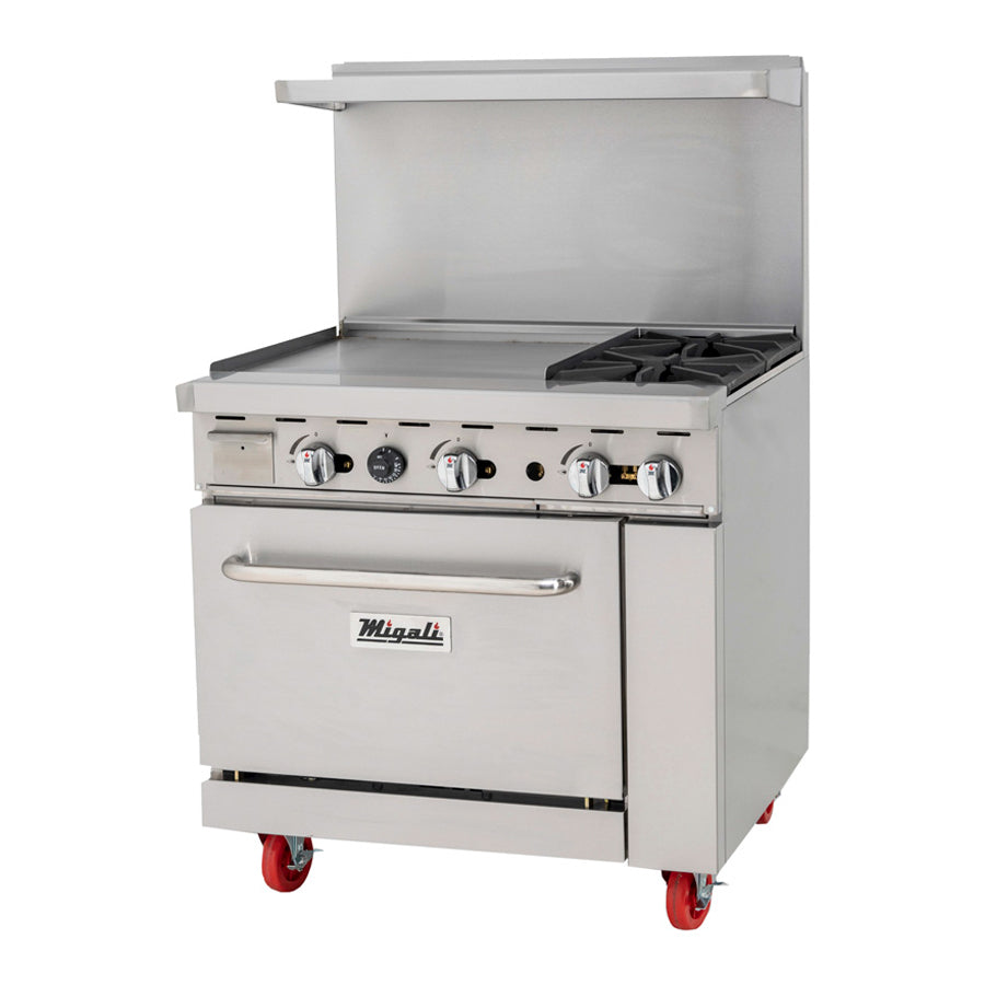 Migali Competitor Series Range, oven & griddle combo, freestanding, 36" W, 2 cast iron radiants, 24” griddle on left, configured for Natural Gas