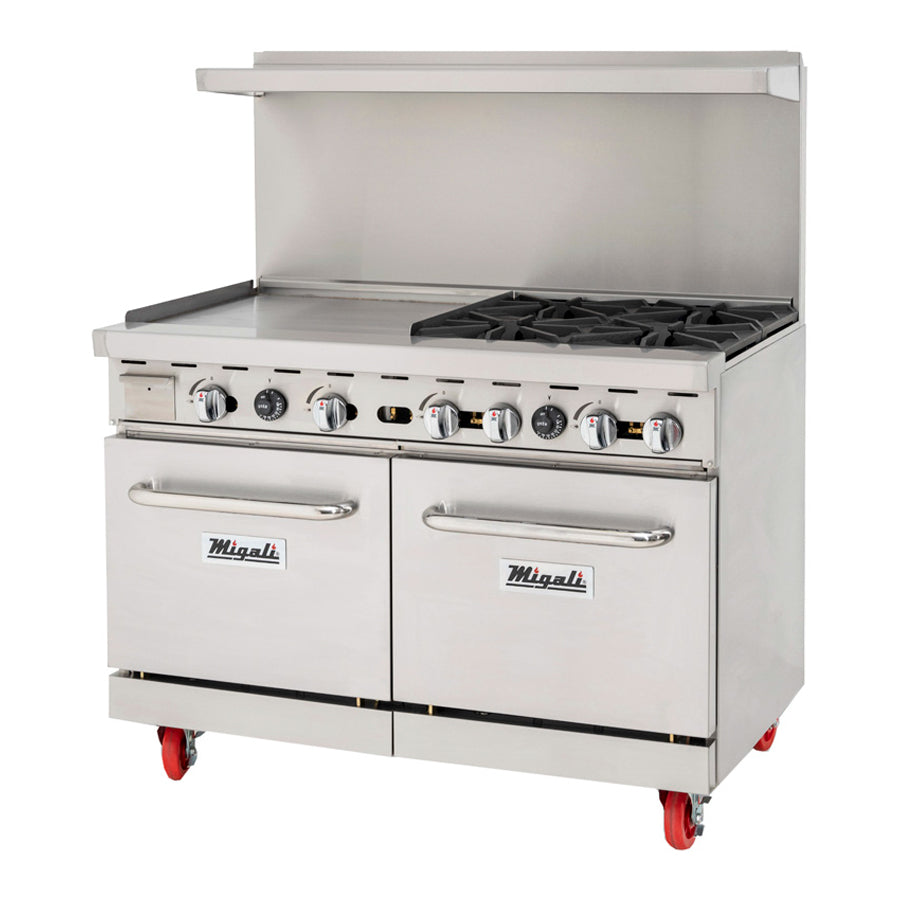 Migali Competitor Series Range, oven & griddle combo, freestanding, 48" W, 4 cast iron radiants, 24” griddle on left, configured for Liquid Propane Gas