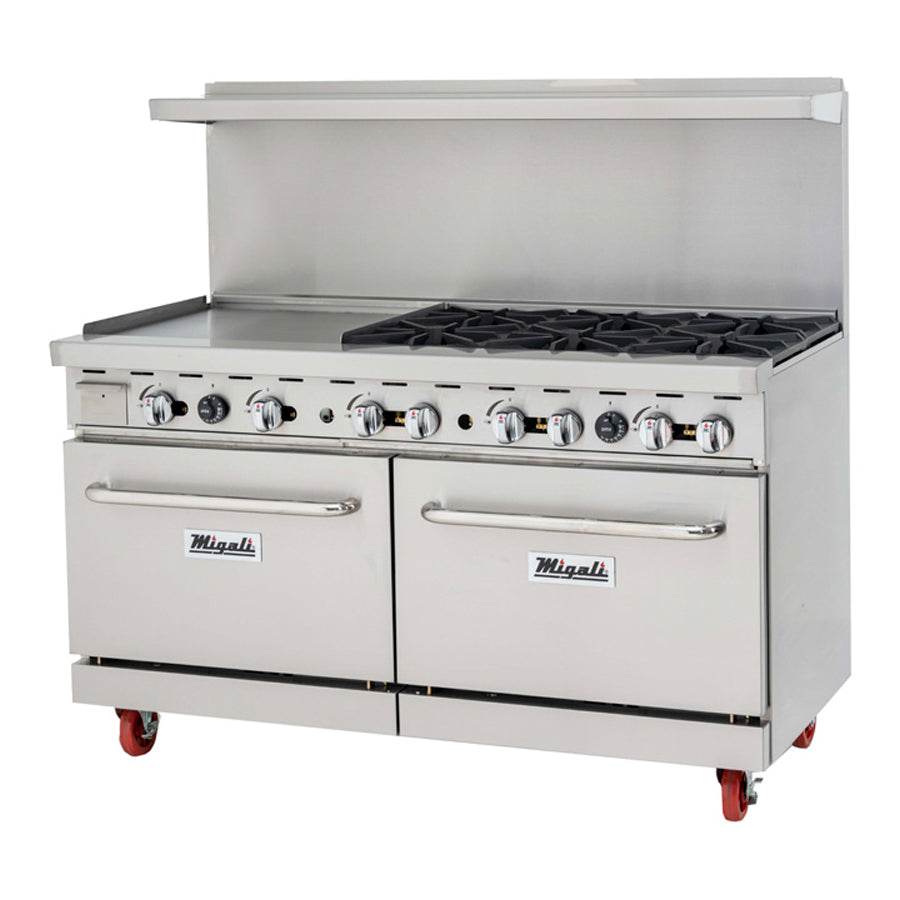 Migali Competitor Series Range, oven & griddle combo, freestanding, 60.2” W, 6 cast iron radiants, 24” griddle on left, configured for Liquid Propane
