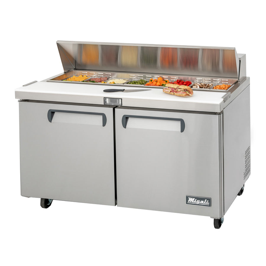 Migali Competitor Series Refrigerated Counter/Sandwich Prep Table, 60.2” W, accommodates (16) 1/6 size pans, (2) solid hinged doors