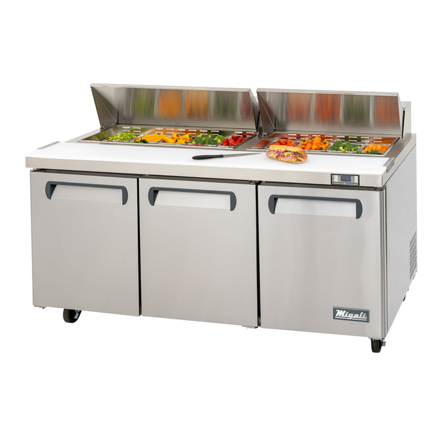 Migali Competitor Series Refrigerated Counter/Sandwich Prep Table, 72.7” W, accommodates (18) 1/6 size pans, (3) solid hinged doors