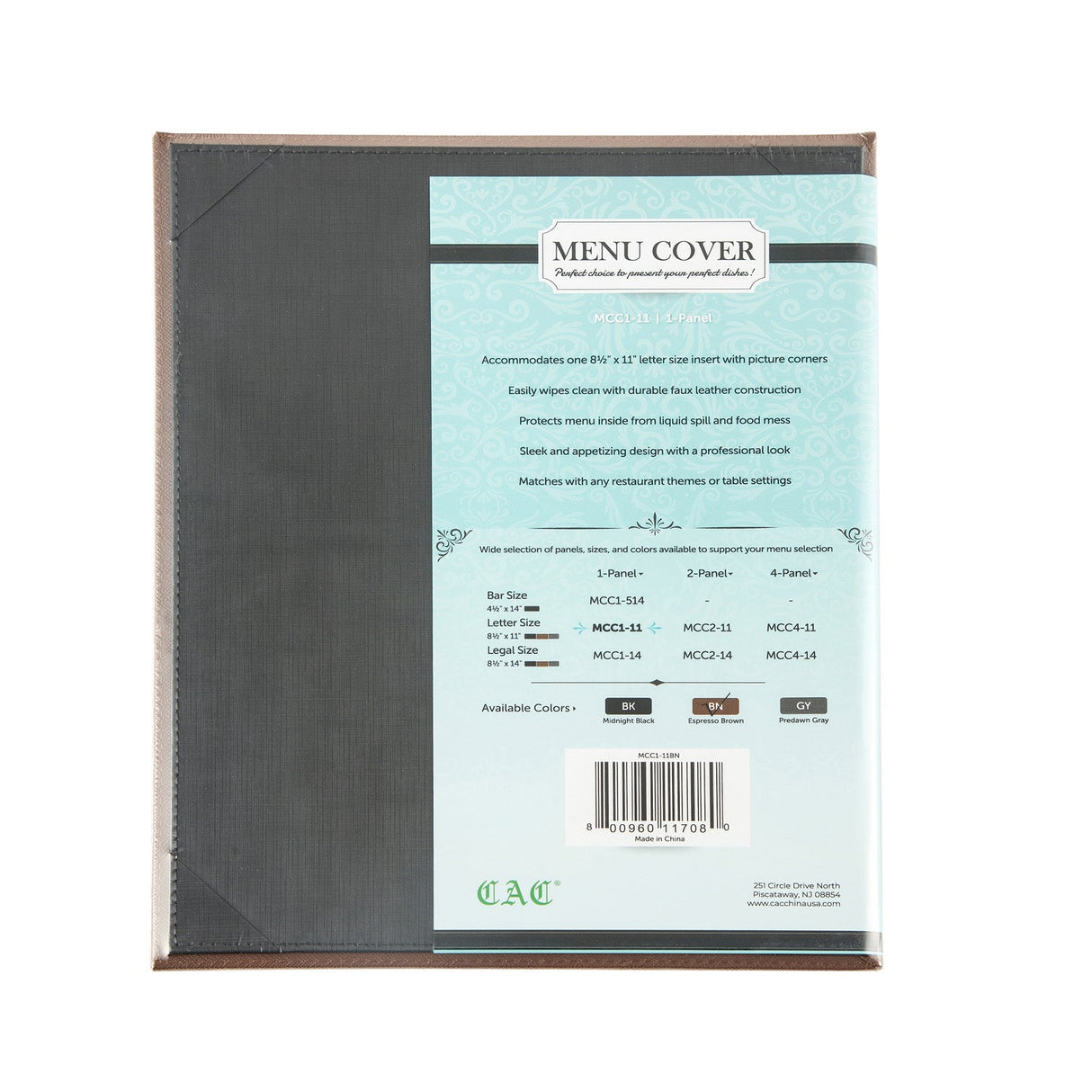 Menu Cover Faux Leather 1-Panel Brown 8-1/2x11"