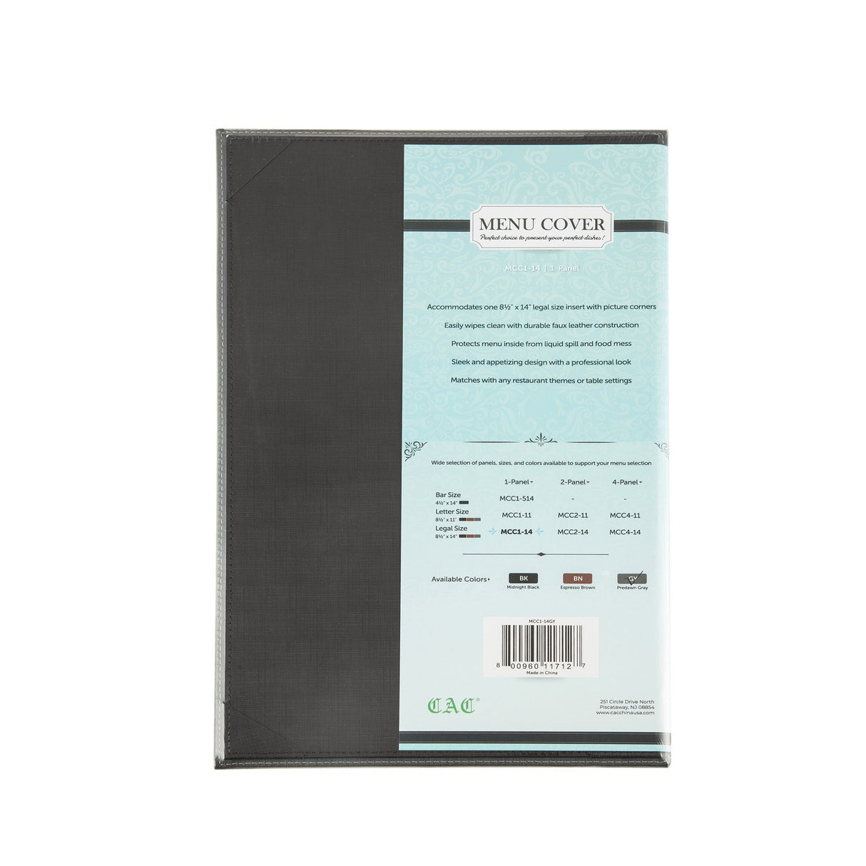 Menu Cover Faux Leather 1-Panel Gray 8-1/2x14"