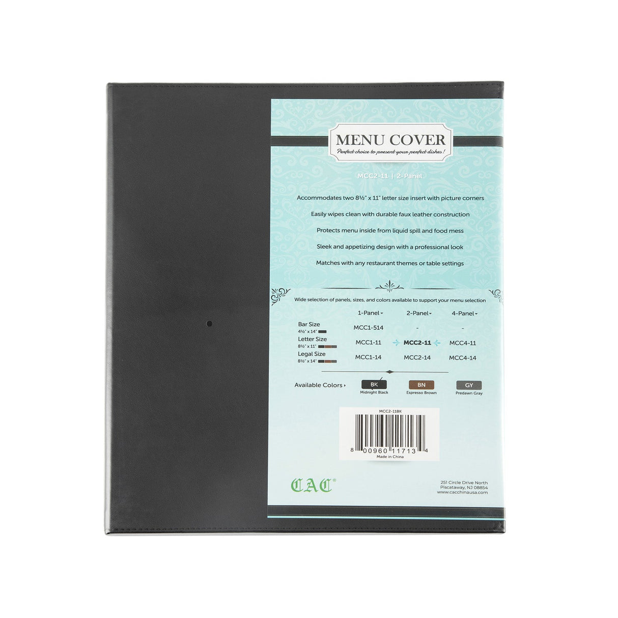 Menu Cover Faux Leather 2-Panel Black 8-1/2x11"