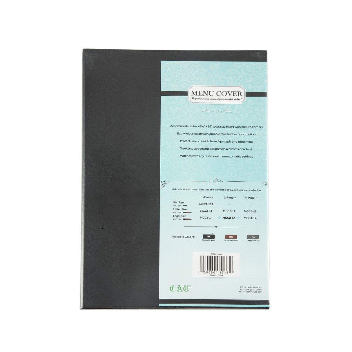 Menu Cover Faux Leather 2-Panel Black 8-1/2x14"