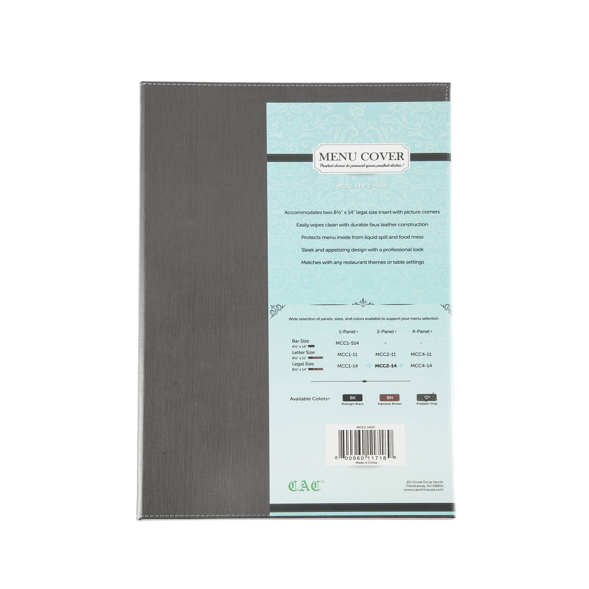 Menu Cover Faux Leather 2-Panel Gray 8-1/2x14"