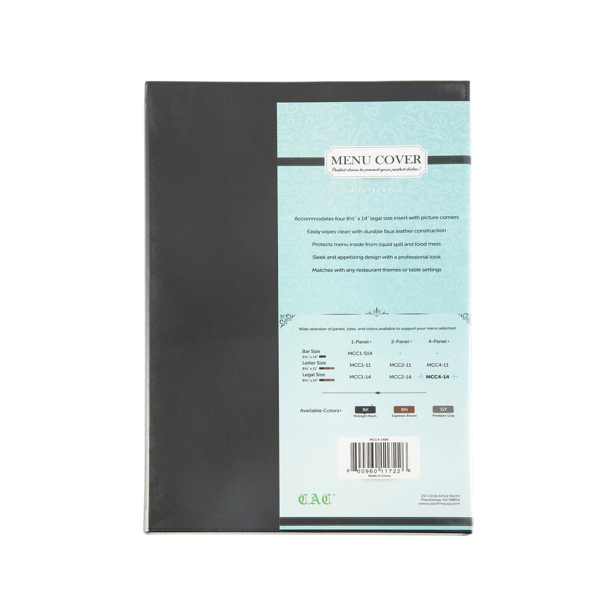 Menu Cover Faux Leather 4-Panel Black 8-1/2x14"